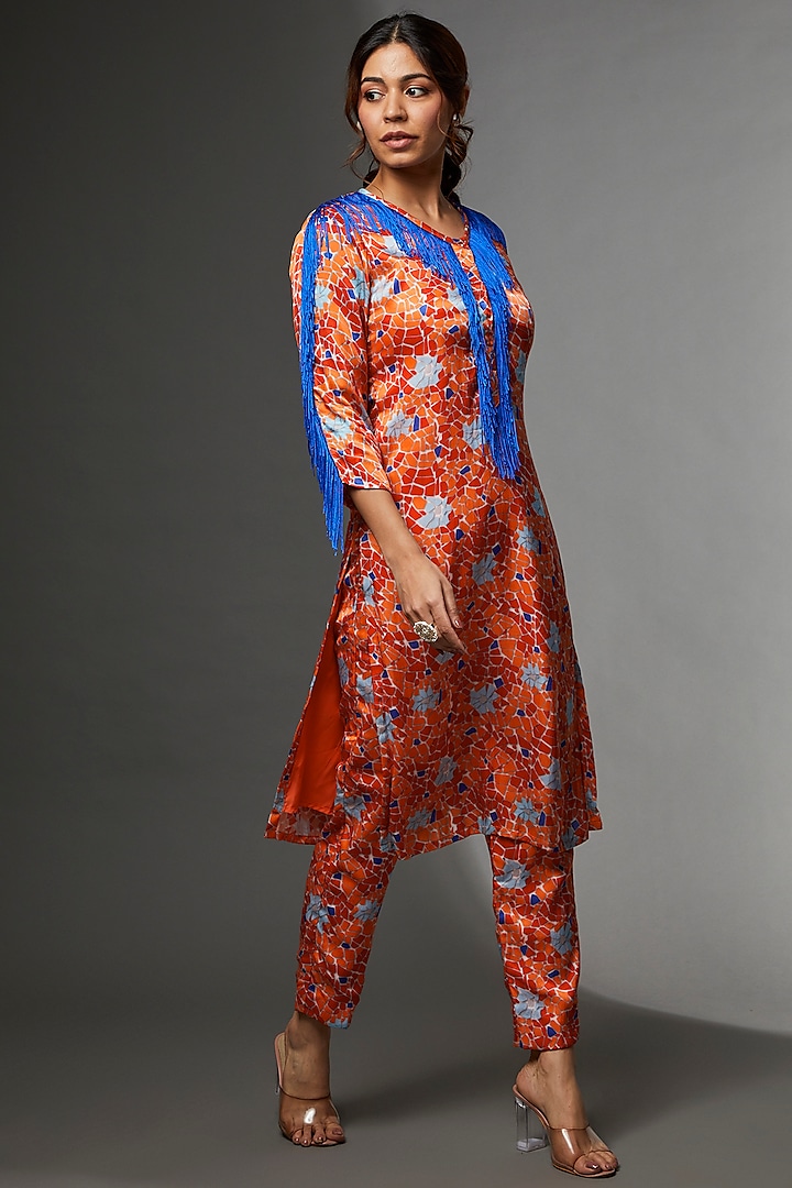 Orange & Blue Satin Tunic Set by Etasha by Asha Jain