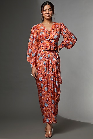 Orange Habutai Draped Skirt Set by Etasha by Asha Jain