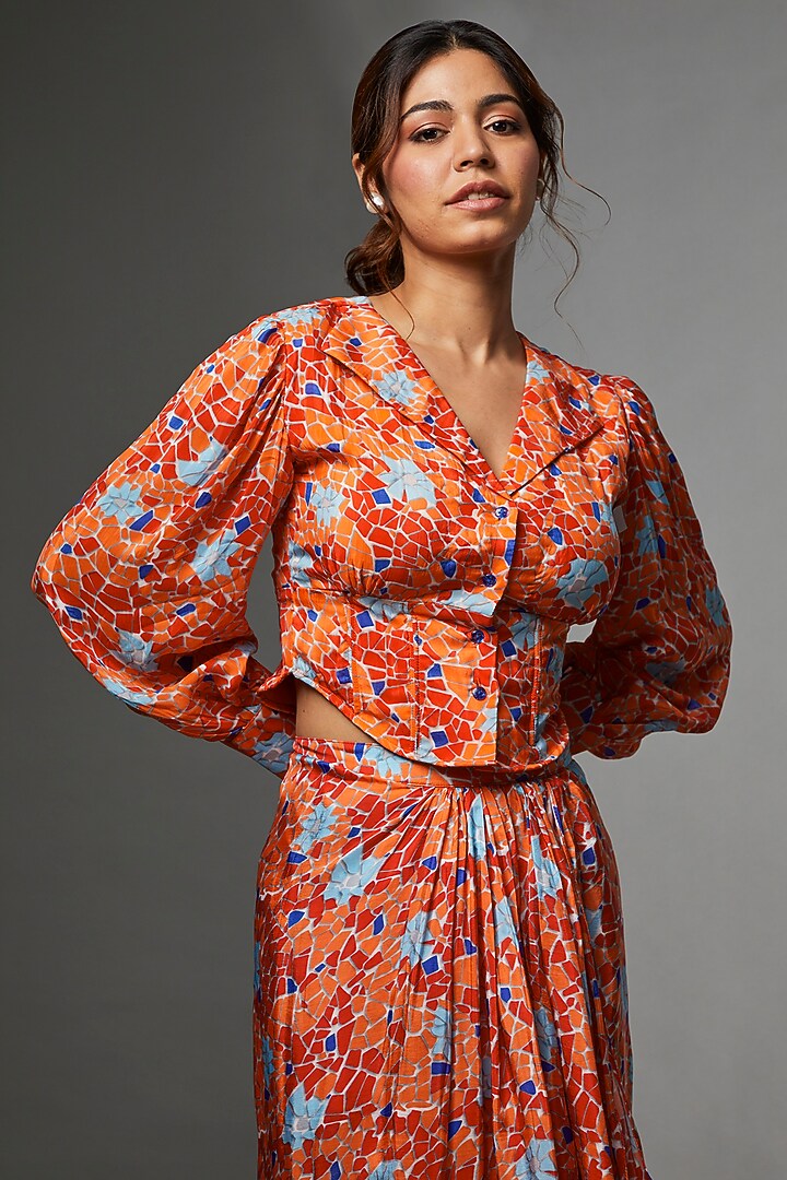 Orange Habutai Draped Skirt Set by Etasha by Asha Jain at Pernia's Pop Up Shop