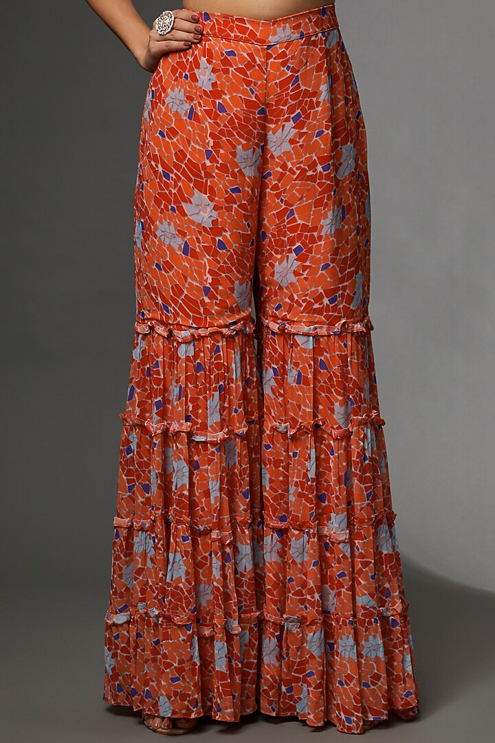 Orange Georgette Tiered Wedding Sharara Set by Etasha by Asha Jain at Pernia's Pop Up Shop