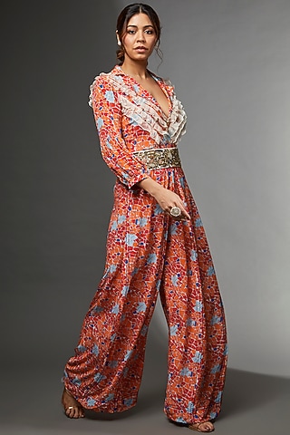 Orange Habutai Jumpsuit With Belt by Etasha by Asha Jain