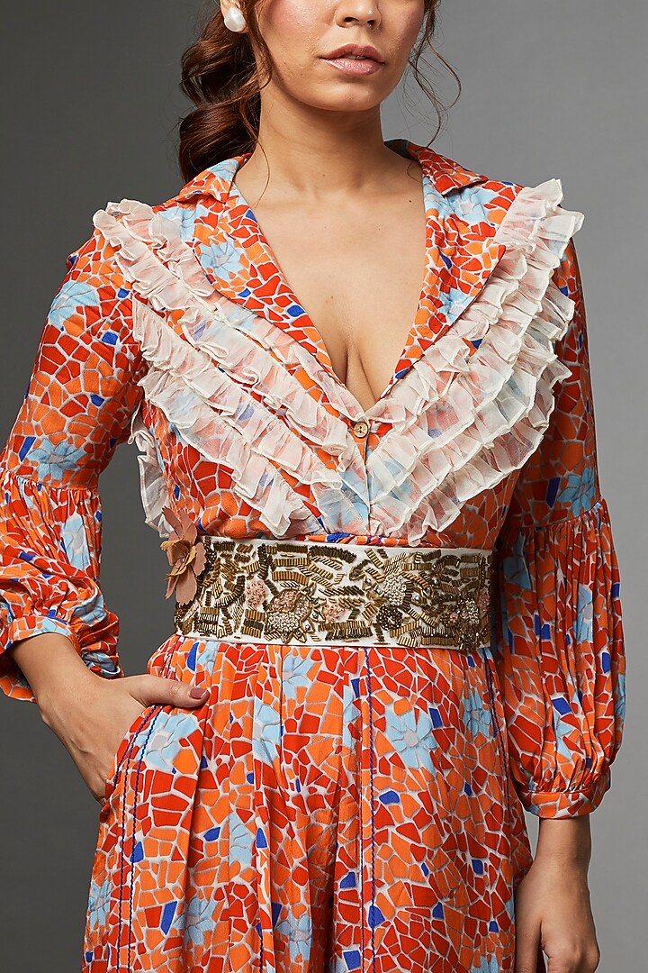Orange Habutai Jumpsuit With Belt by Etasha by Asha Jain at Pernia's Pop Up Shop