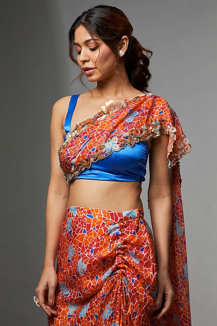 Orange Organza Draped Skirt Set by Etasha by Asha Jain at Pernia's Pop Up Shop