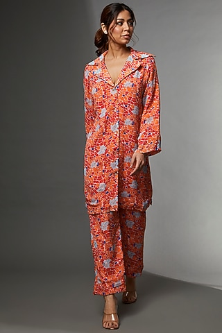 Orange Mosaic Habutai Silk Co-Ord Set by Etasha by Asha Jain