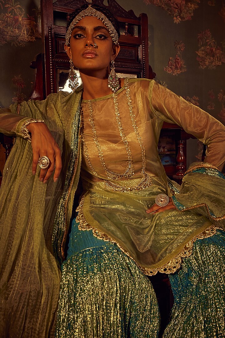 Aqua Green Metallic Tissue Wedding Sharara Set by Etasha by Asha Jain at Pernia's Pop Up Shop