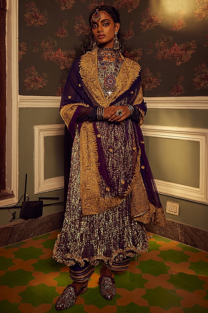 Purple Metallic Tissue Anarkali Set by Etasha by Asha Jain
