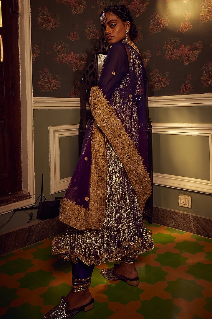 Purple Metallic Tissue Wedding Anarkali Set by Etasha by Asha Jain at Pernia's Pop Up Shop