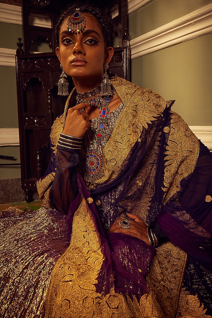 Purple Metallic Tissue Wedding Anarkali Set by Etasha by Asha Jain at Pernia's Pop Up Shop