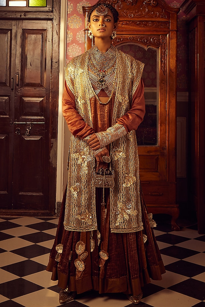 Brown Striped Tissue Embellished Sharara Set by Etasha by Asha Jain