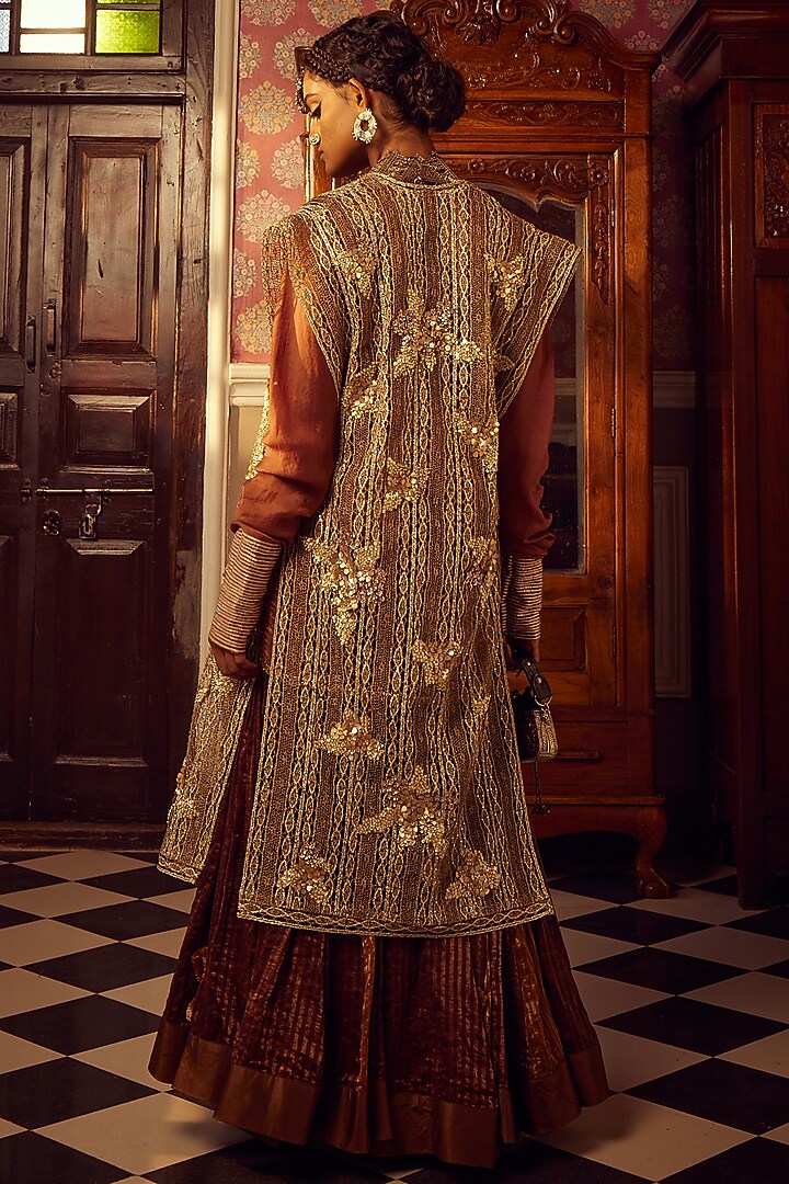 Brown Striped Tissue Embellished Wedding Sharara Set by Etasha by Asha Jain at Pernia's Pop Up Shop