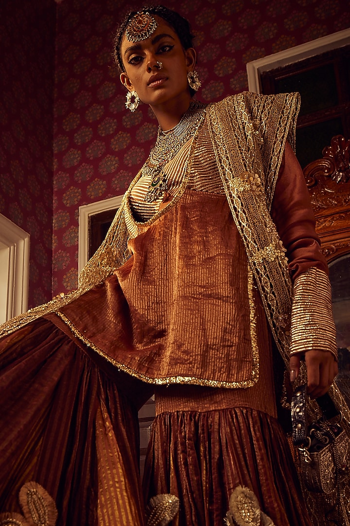 Brown Striped Tissue Embellished Wedding Sharara Set by Etasha by Asha Jain at Pernia's Pop Up Shop