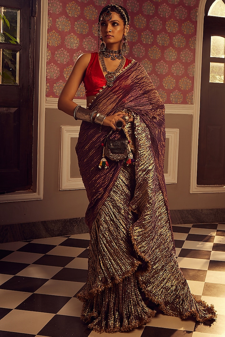Purple Striped & Metallic Draped Saree Set by Etasha by Asha Jain