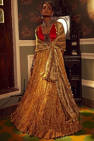 Red & Gold Metallic Tissue Lehenga Set by Etasha by Asha Jain