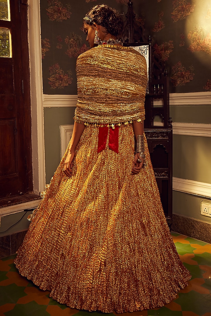 Red & Gold Metallic Tissue Wedding Lehenga Set by Etasha by Asha Jain at Pernia's Pop Up Shop