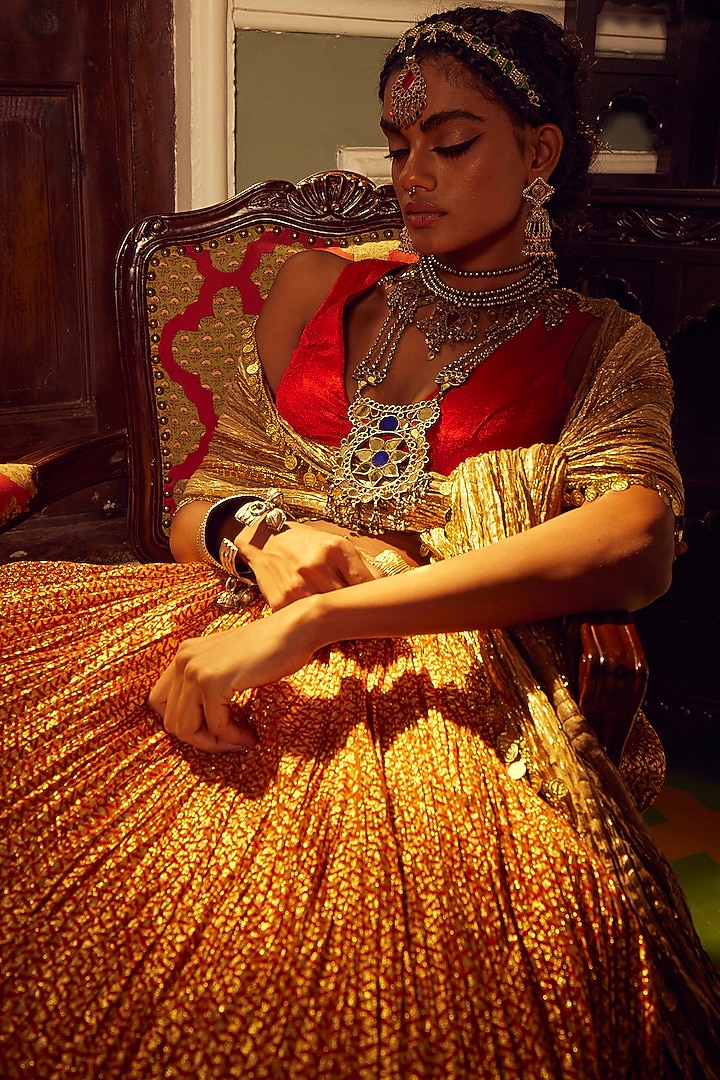 Red & Gold Metallic Tissue Wedding Lehenga Set by Etasha by Asha Jain at Pernia's Pop Up Shop