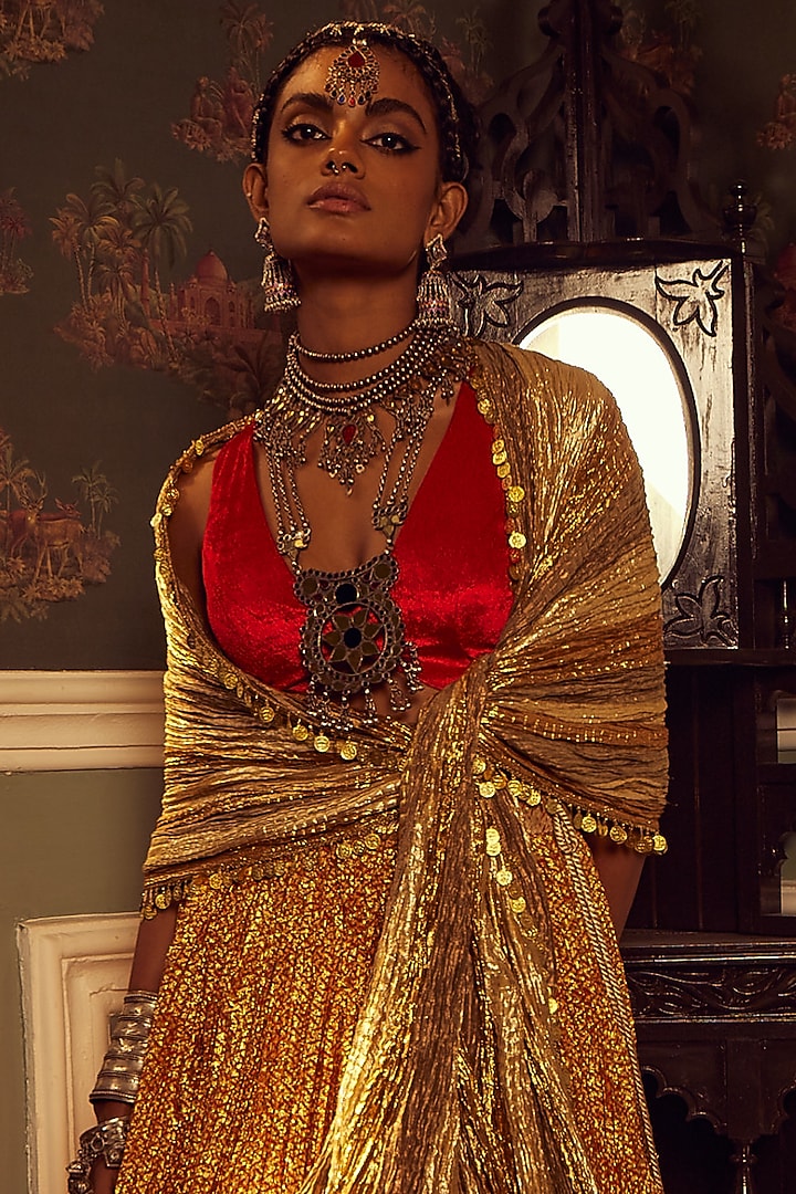 Red & Gold Metallic Tissue Wedding Lehenga Set by Etasha by Asha Jain at Pernia's Pop Up Shop