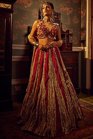 Fuchsia Metallic Tissue Flared Lehenga Set by Etasha by Asha Jain