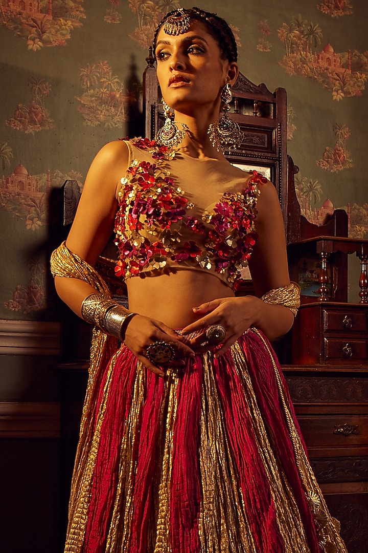Fuchsia Metallic Tissue Flared Wedding Lehenga Set by Etasha by Asha Jain at Pernia's Pop Up Shop