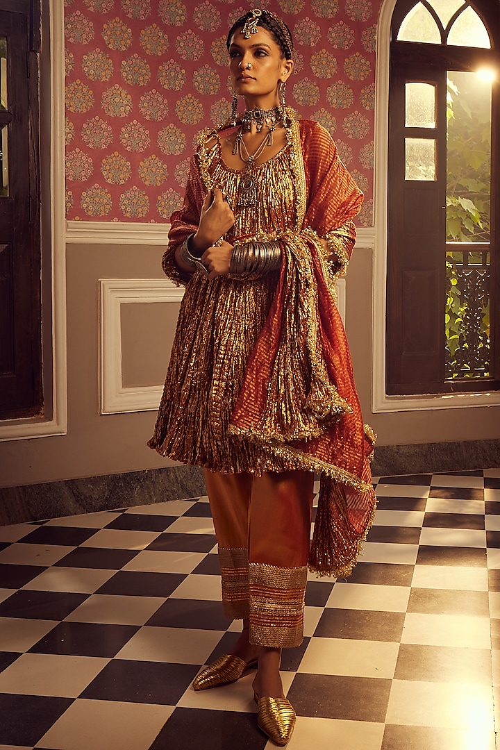 Rust Metallic Tissue Flared Kurta Set by Etasha by Asha Jain