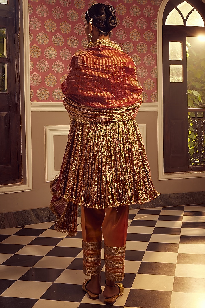 Rust Metallic Tissue Flared Kurta Set by Etasha by Asha Jain at Pernia's Pop Up Shop