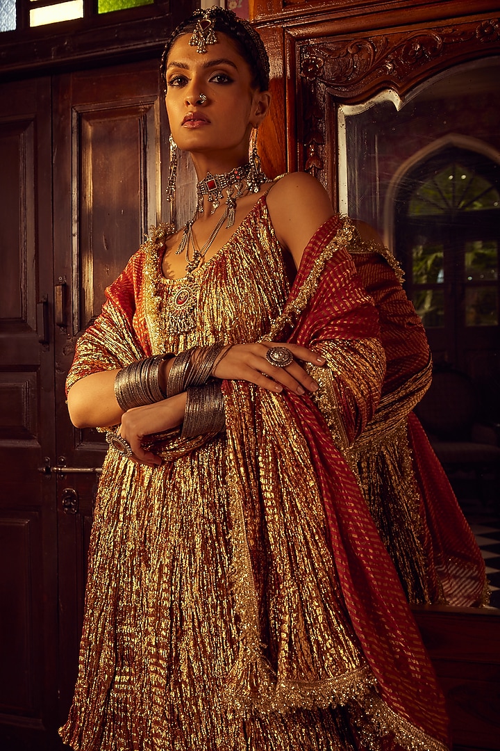 Rust Metallic Tissue Flared Kurta Set by Etasha by Asha Jain at Pernia's Pop Up Shop