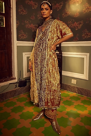 Multi-Colored Metallic Tissue Kaftan Set by Etasha by Asha Jain