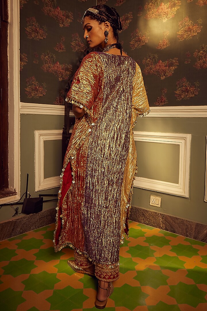Multi-Colored Metallic Tissue Kaftan Set by Etasha by Asha Jain at Pernia's Pop Up Shop