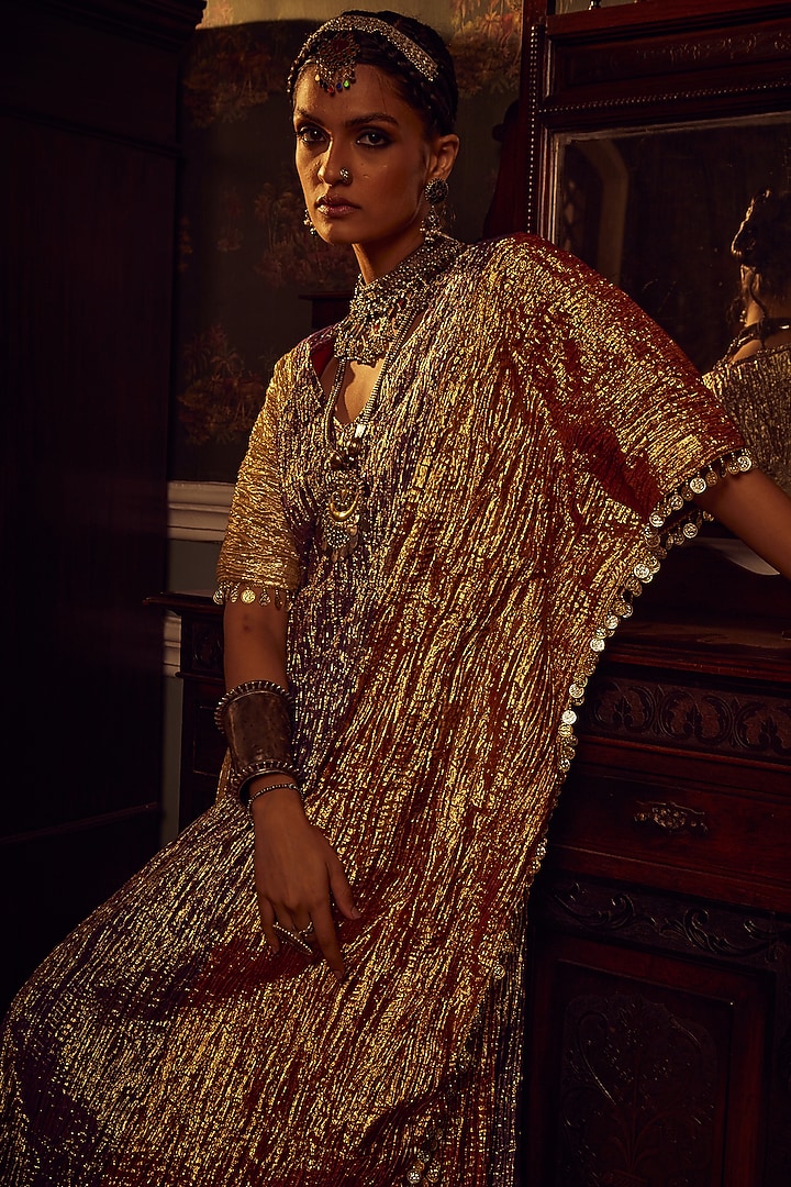 Multi-Colored Metallic Tissue Kaftan Set by Etasha by Asha Jain at Pernia's Pop Up Shop