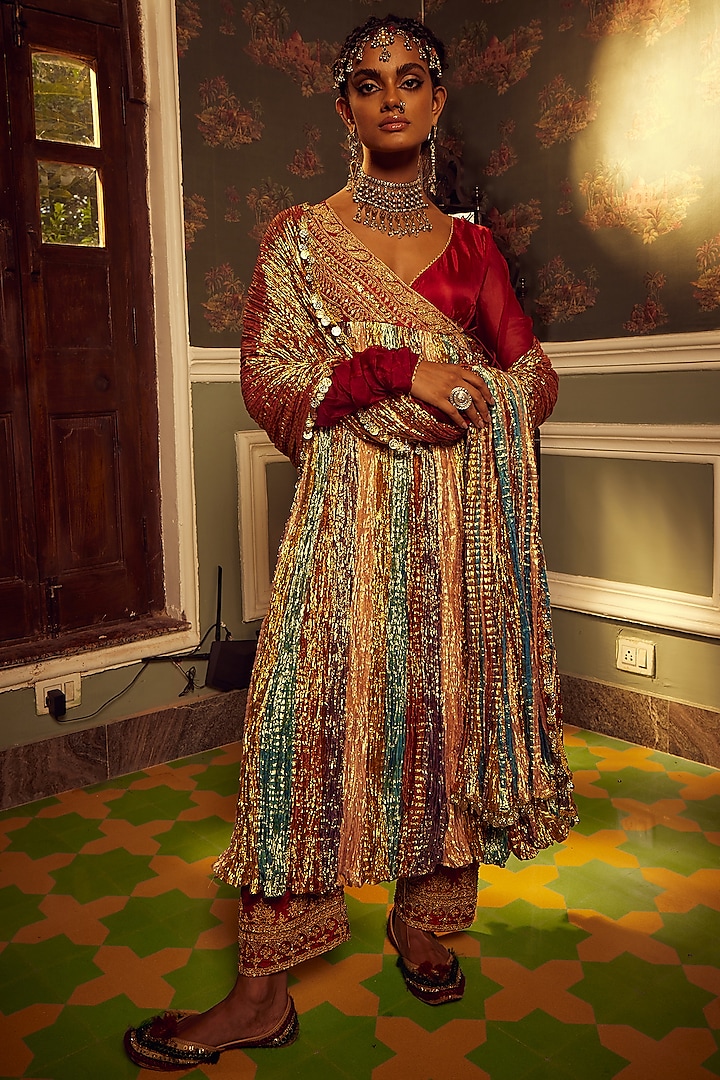Multi-Colored Metallic Tissue Embroidered Angrakha Anarkali Set by Etasha by Asha Jain