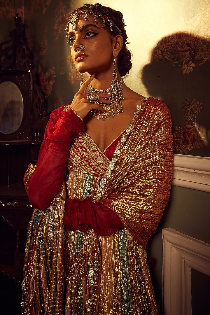 Multi-Colored Metallic Tissue Embroidered Angrakha Wedding Anarkali Set by Etasha by Asha Jain at Pernia's Pop Up Shop