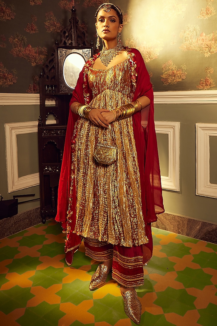 Gold Metallic Tissue Embellished Flared Anarkali Set by Etasha by Asha Jain