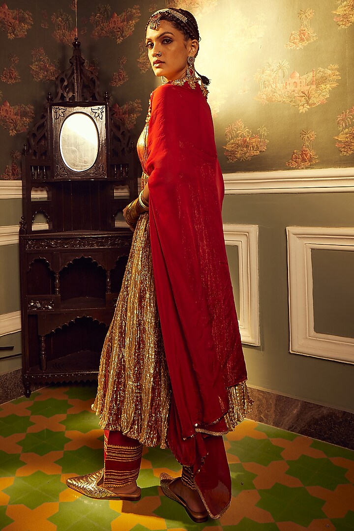 Gold Metallic Tissue Embellished Flared Wedding Anarkali Set by Etasha by Asha Jain at Pernia's Pop Up Shop