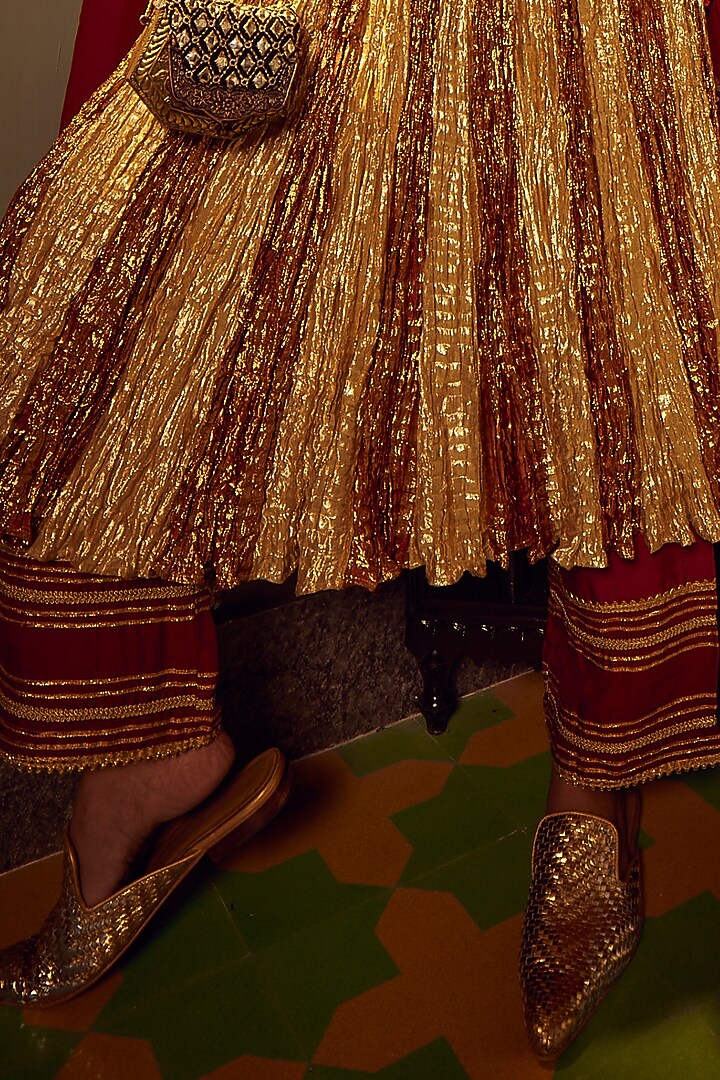 Gold Metallic Tissue Embellished Flared Wedding Anarkali Set by Etasha by Asha Jain at Pernia's Pop Up Shop