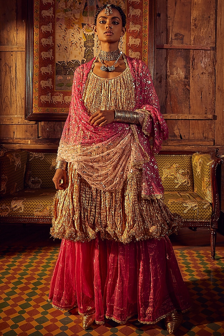 Pink Striped Tissue Flared Sharara Set by Etasha by Asha Jain