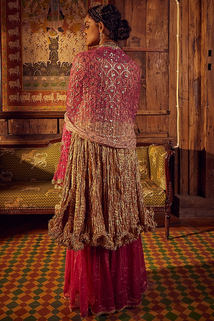 Pink Striped Tissue Flared Wedding Sharara Set by Etasha by Asha Jain at Pernia's Pop Up Shop