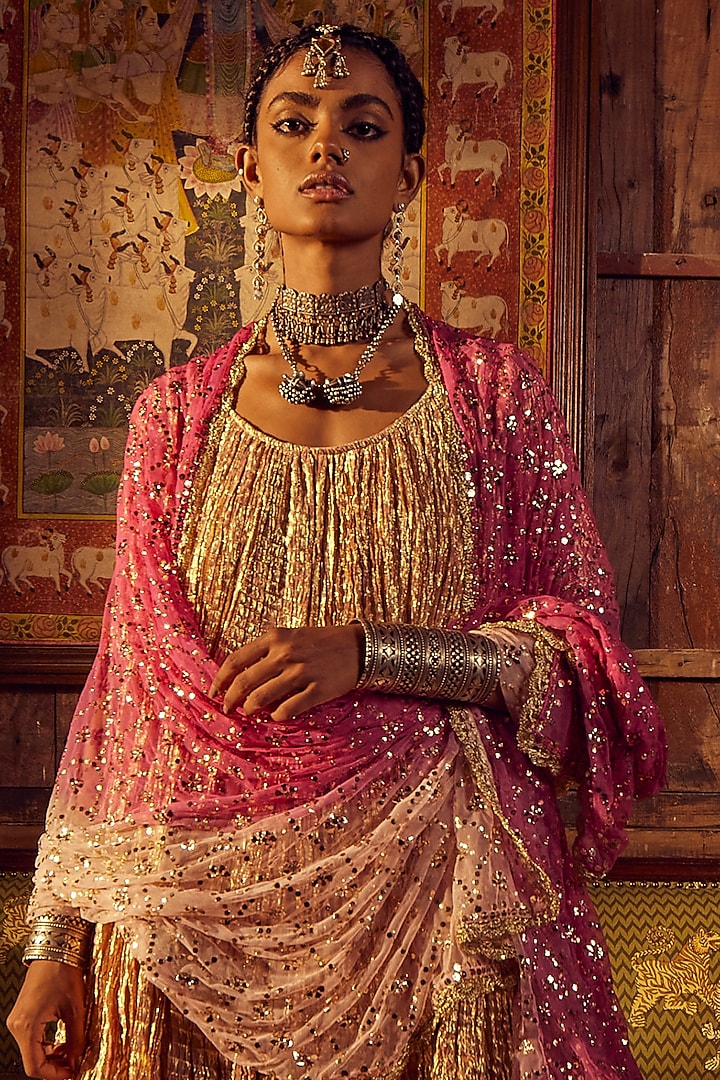 Pink Striped Tissue Flared Wedding Sharara Set by Etasha by Asha Jain at Pernia's Pop Up Shop