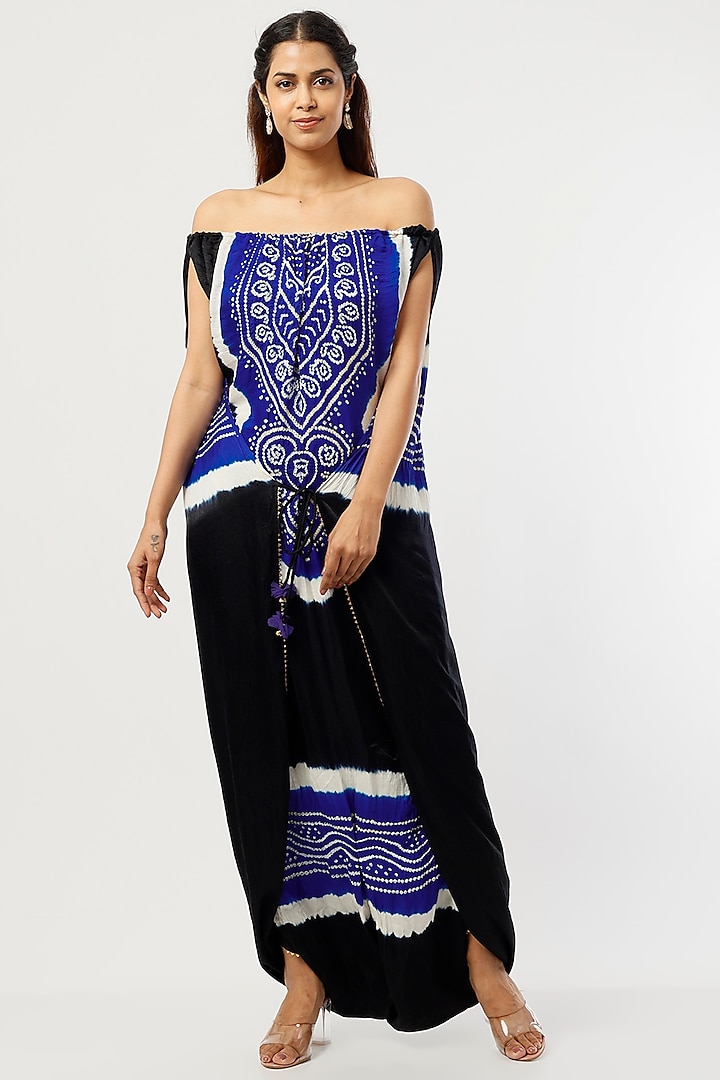 Black & Cobalt Blue Off Shoulder Jumpsuit In Gajji Silk by Etasha by Asha Jain