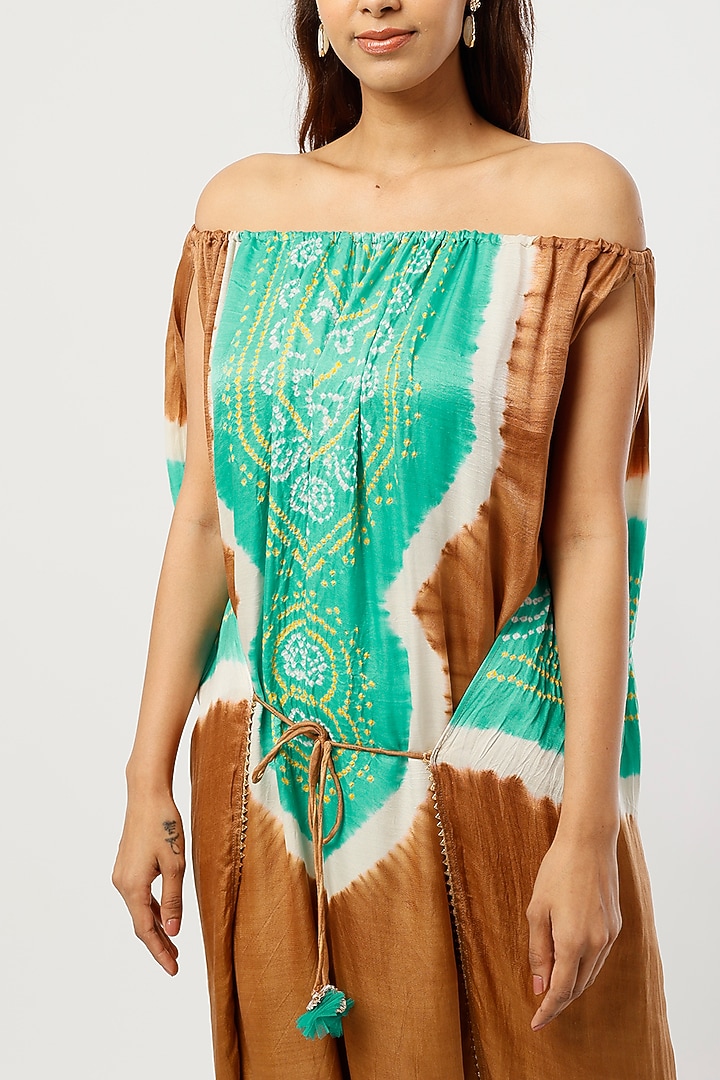 Beige & Sea Green Embellished Off Shoulder Jumpsuit by Etasha by Asha Jain at Pernia's Pop Up Shop
