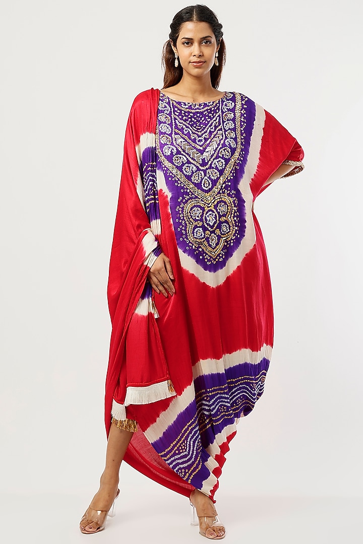 Purple & Red Embellished Draped Kaftan by Etasha by Asha Jain