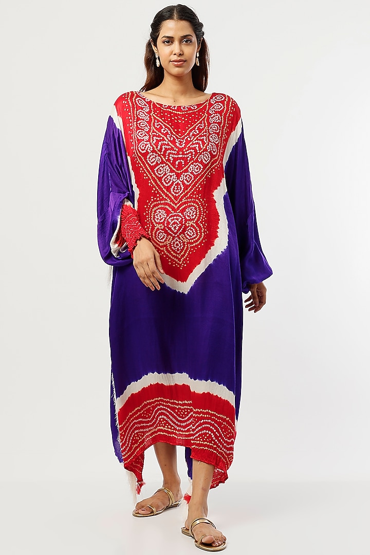 Red & Purple Gajji Silk Bandhani Kaftan by Etasha by Asha Jain