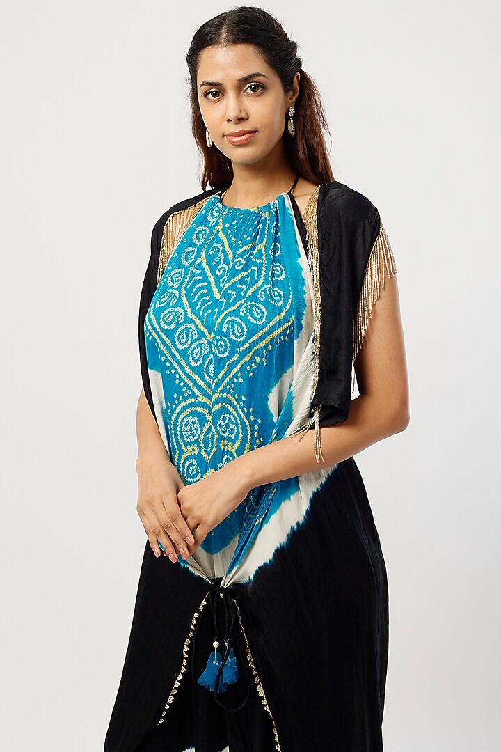 Black & Sky Blue Gajji Silk Jumpsuit With Jacket by Etasha by Asha Jain at Pernia's Pop Up Shop