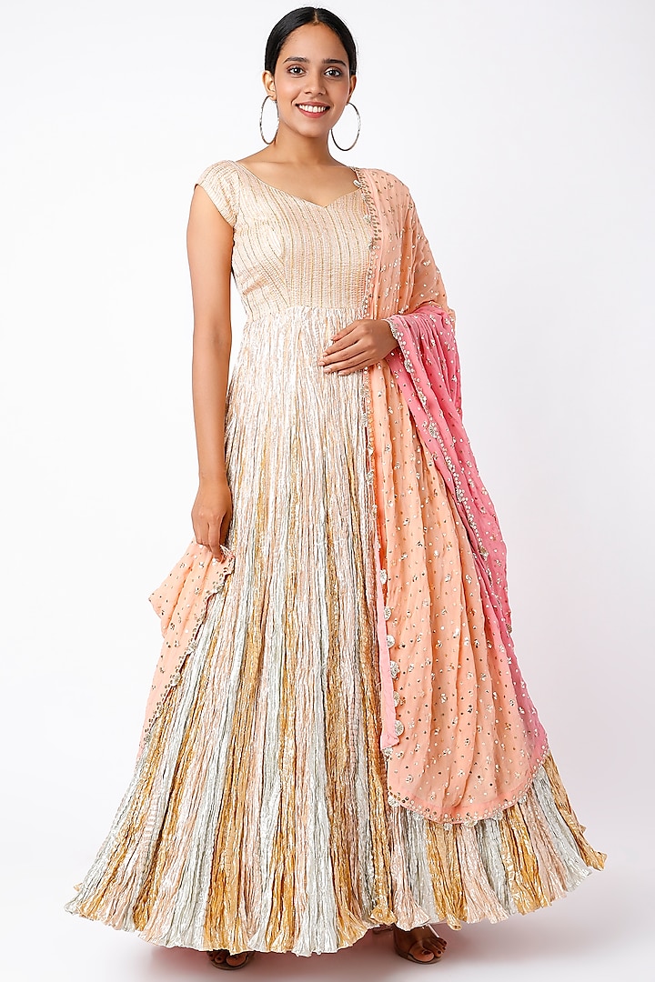 Gold-Silver & Rose Gold Embroidered Anarkali Set by Etasha by Asha Jain