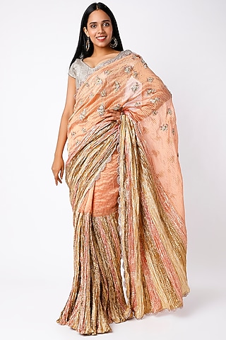 Peach Metallic Lehenga Saree Set by Etasha by Asha Jain