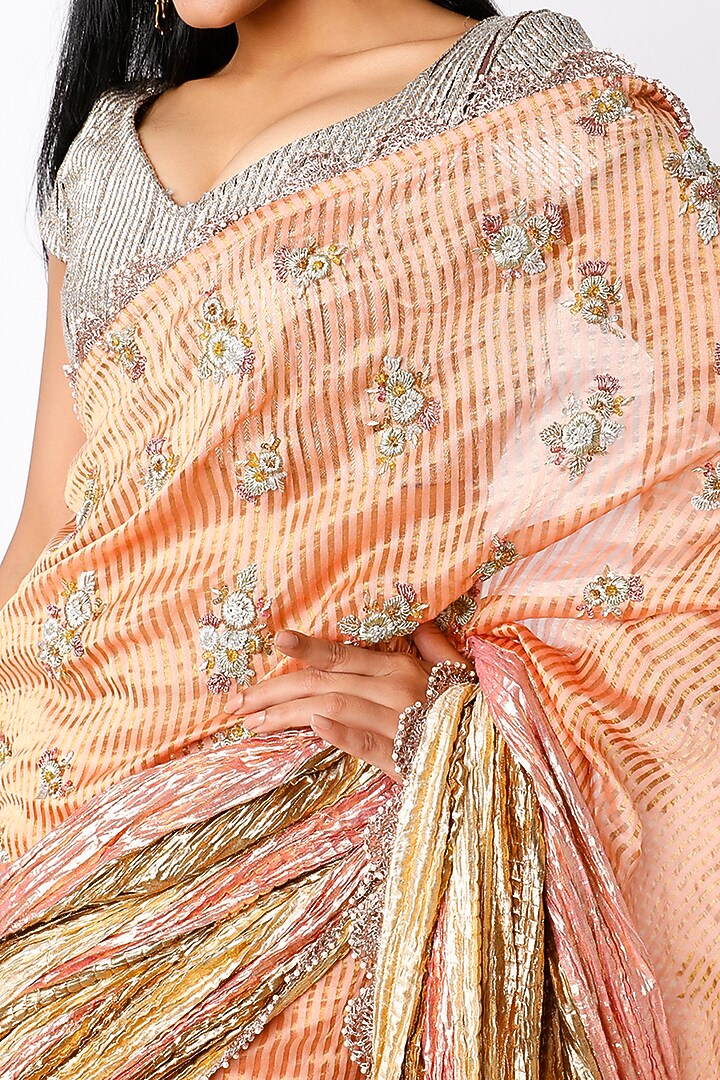 Peach Metallic Wedding Lehenga Saree Set by Etasha by Asha Jain at Pernia's Pop Up Shop