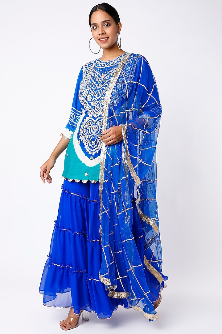 Cobalt Blue Georgette Layered Sharara Set by Etasha by Asha Jain
