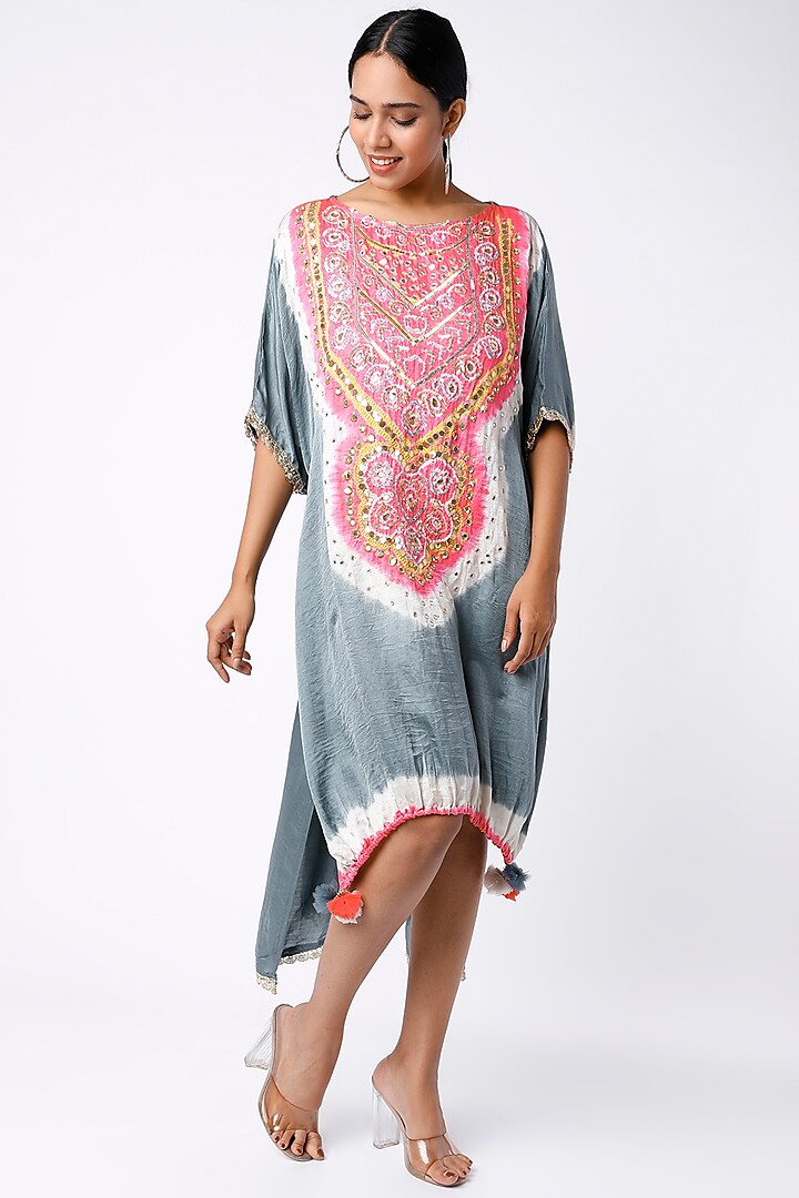 Blue Grey & French Pink Embellished Kaftan by Etasha by Asha Jain