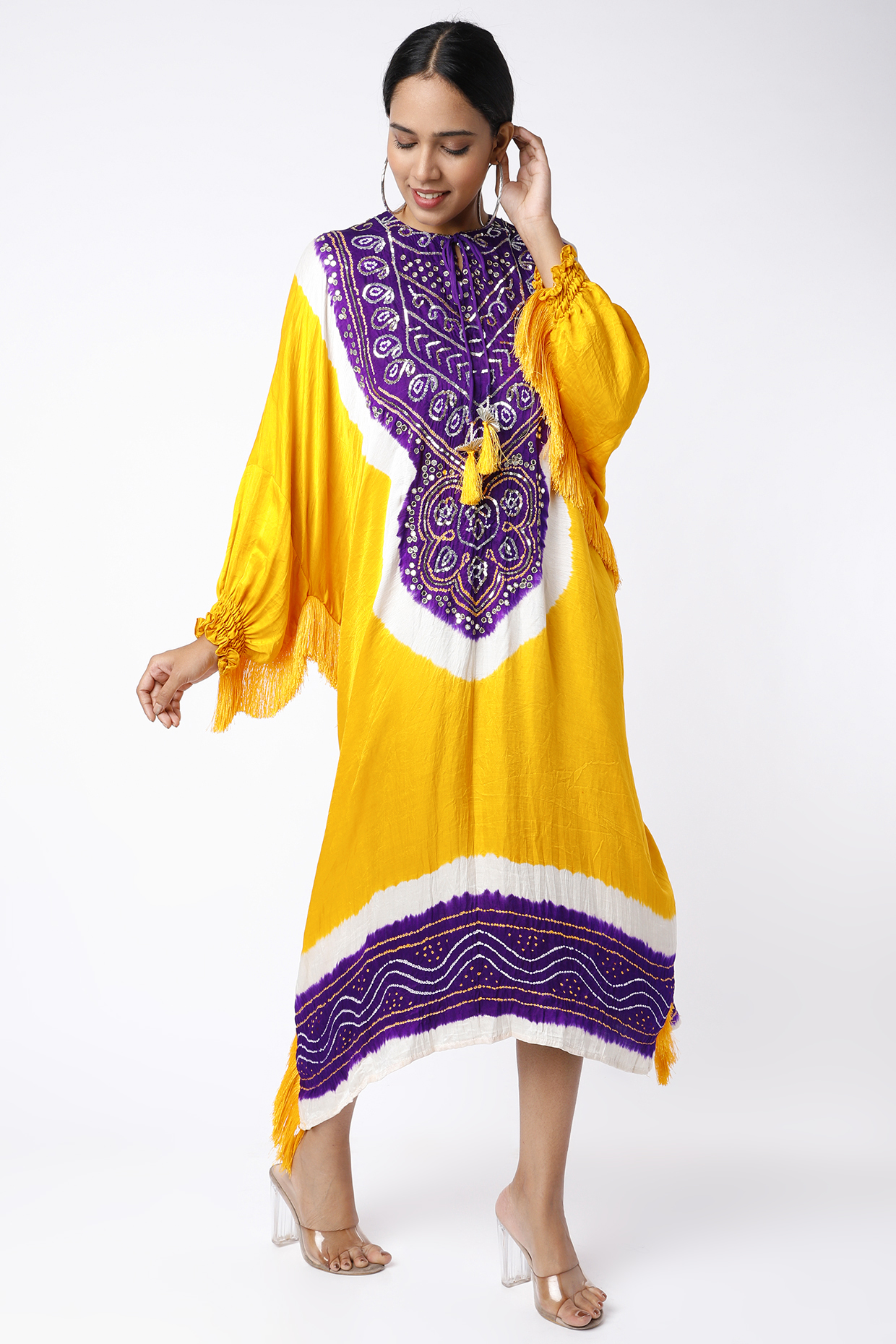 Bright Yellow & Purple Embellished Kaftan by Etasha by Asha Jain