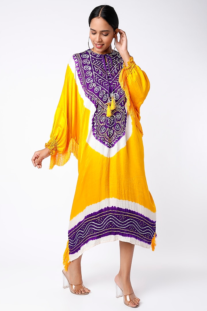 Bright Yellow & Purple Embellished Kaftan by Etasha by Asha Jain