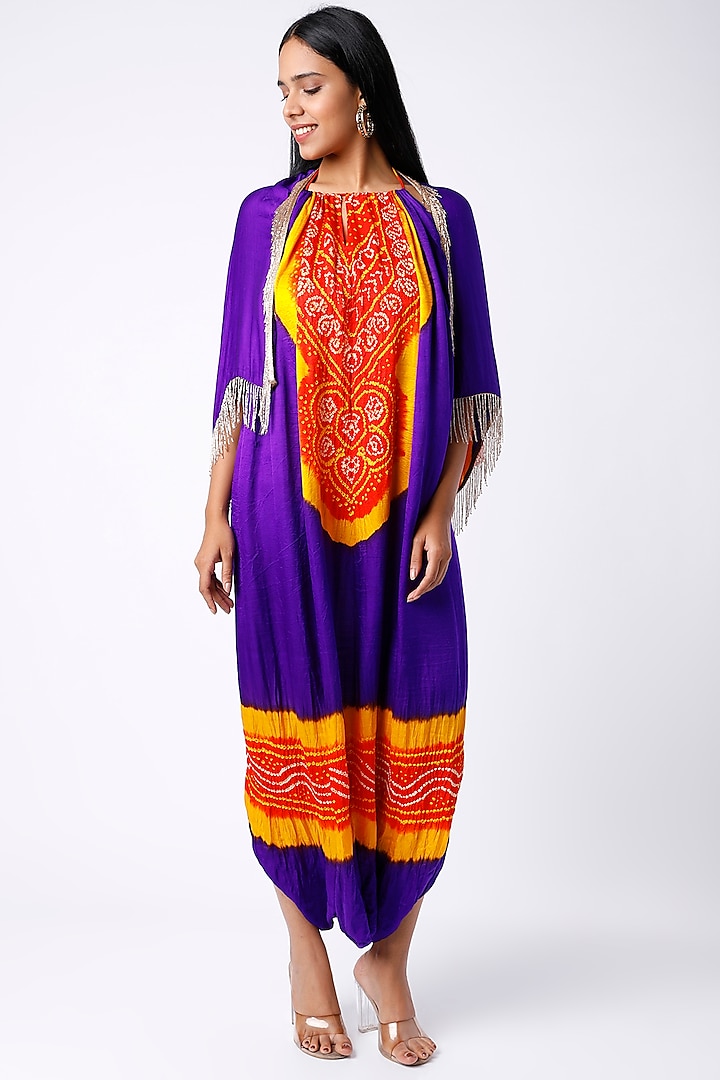 Purple & Electric Orange Gajji Silk Jumpsuit by Etasha by Asha Jain