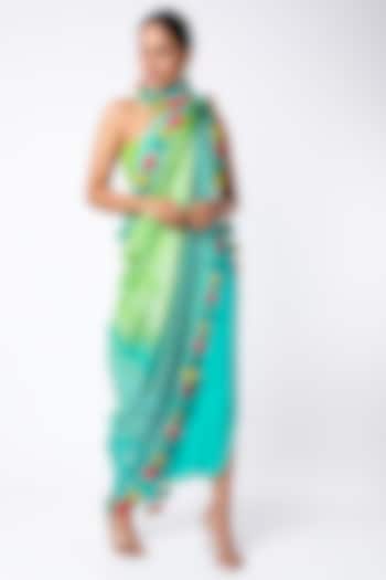 Turquoise & Lime Crepe Bandhani Dhoti Pant Saree Set by Etasha by Asha Jain